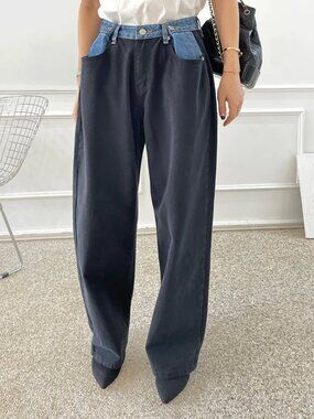 The Frankie Shop Hayla Contrast Denim Pants Womens XS/S Black/Blue Wide Leg